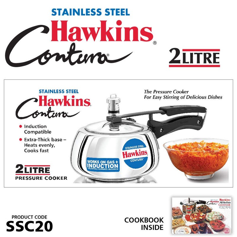 Hawkins 2 Litre Contura Pressure Cooker, Stainless Steel Inner Lid
