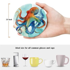 Aowced Coastal Drink Absorbent Coasters with Holder Set of 6, Ceramic Stone with Cork Base, Nautiacl Watercolor Sea Ocean Life Coaster for Drinks, Gift for Housewarming Room Bar Home Decor Kitchen