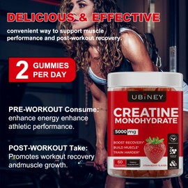 Creatine Monohydrate Gummies 5000mg – Sugar-Free, Vegan, Gluten-Free – Enhanced with Vitamin B12 & L-Taurine for Muscle Growth, Recovery & Strength – Delicious Strawberry Flavor, 60 Count