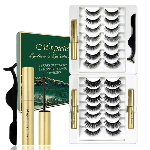 Magnetic Eyelashes with Eyeliner, 14 Pairs, 3D Magnetic False Eyelashes Set, Artificial Magnetic Lashes, Reusable, Long Thickness, to Extend Natural Makeup Eyelashes (A)