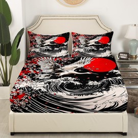 Loussiesd Japanese Wave Fitted Sheet 90 x 200 cm Crane Japanese Style Fitted Sheet Exotic Oriental Fitted Sheet Japanese Ukiyoe Traditional Retro Theme Bed Sheet Set