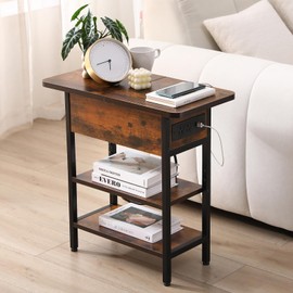 Modern End Table with Charging Station, Narrow Side Table with USB Ports & Outlets, Flip-Top Nightstand with Storage Shelf, Small Bedside Table for Living Room, Bedroom, Small Space,Rustic Brown