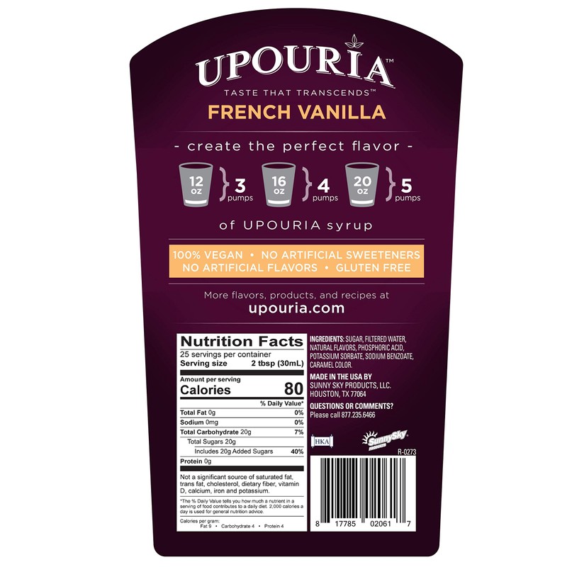 Upouria French Vanilla Coffee Syrup Flavoring, 100% Vegan, Gluten-Free, Kosher,