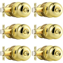 Probrico Polished Brass Privacy Interior Door Knobs Bed and Bath Keyless Door Locksets, 6 Pack