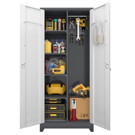 LUCYPAL Broom Storage Cabinet with Locking Doors and Shelves,Broom Closet Storage Cabinet with Hanging Rod and Hooks,Metal Garage Cabinets for Kitchen,Bathroom,Office 72.8" H White&Grey