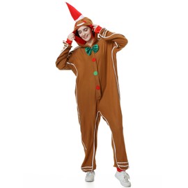 GRAJTCIN Women's Gingerbread Man Costume Christmas Onesie Pajamas One Piece Xmas Hooded Jumpsuit Cosplay Party Outfit - Small