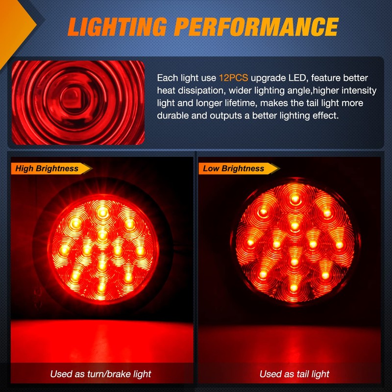 Nilight 4Inch Round Trailer Tail Light with flush Mount Grommets