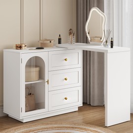 RoyalCraft 59” Makeup Vanity Desk, White Vanity Dresser Combo, Modern Corner Makeup Table with 3 Drawer & 1 Door, Wood Dressing Table for Women Girlfriend, Vanity for Bedroom (Without Mirror)