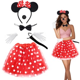 Women's Mouse Costume, Red Tutu with White Polka Dots + Red Bow Mouse Ears Headband + Gloves + Nose + Bow Tie + Tail, Children's Cartoon Mouse Cosplay Costume for Carnival, Theme Party (Aldult)