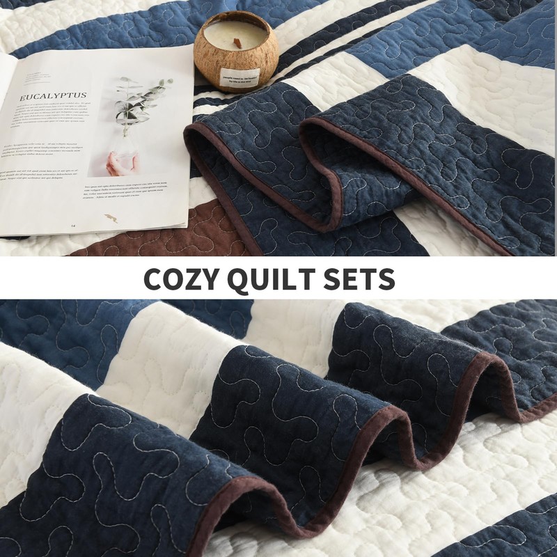 100% Cotton King Quilt, Dark Blue and Brown Striped King