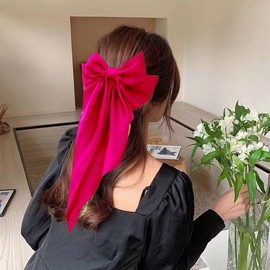 2Pcs Big Bow Hair Clips, Long Tail French Hair Bows for Women Girls, Satin Silky Hair Barrette, Bow Up Accessories for Holiday day,Daily Use (Pink and Hot Pink)