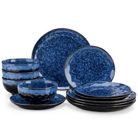 vancasso Starry 12 Pieces Dinnerware Set, Plates and Bowls Set for 4, Stoneware Plates Set, Dishwasher and Microwave Safe, Blue