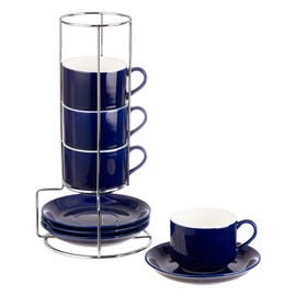 CHILDIKE 8 Ounce Porcelain Cappuccino Cups with Saucers and Silver Stand, Navy Cups Set of 4