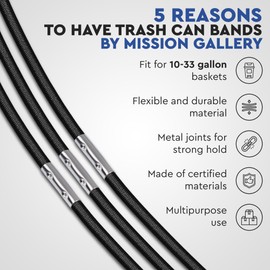 Mission Gallery Trash Can Rubber Bands Set of 3 - Elastic Garbage Can Bands with Metal Connector, Fits 13 to 33 Gallon Trash Bags - Gripper Trash Can Bands for Waste Baskets