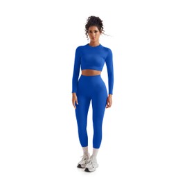SUUKSESS Women 2 Piece Workout Sets Hidden Scrunch Hip Lifting Seamless Leggings Long Sleeve Yoga Crop Tops High Waisted Yoga Pants (Blue, M)