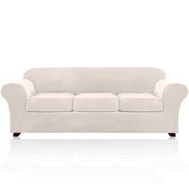PriceDeco Velvet XL Couch Cover for Oversized Sofa 4 Piece Sofa Covers for 3 Cushion Couch Washable Furniture Protector with Non Slip Elastic Bottom Width Up to 97 Inch(X-Large, Ivory)