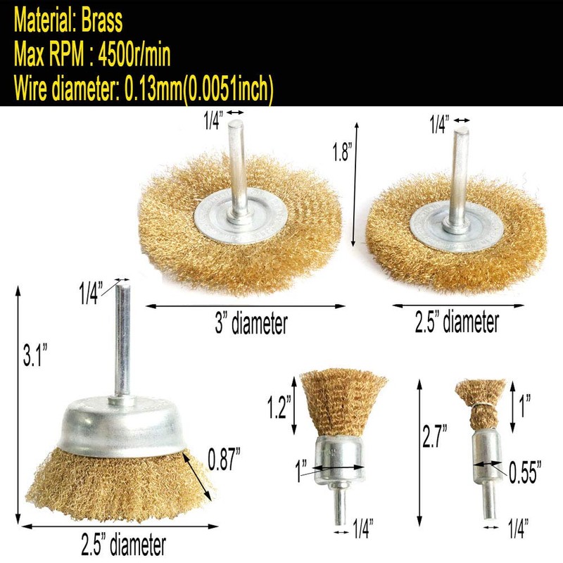 FPPO 5pcs Brass Wire Wheel Brush Kit for Drill,Crimped Cup