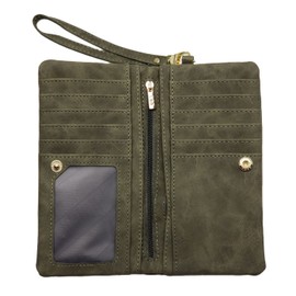 Soft Leather Long Wallet Wristlet with hand Strap Clutch Bag for Women Card holder Phone Bag (Olive Green)