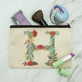 Letter H Floral Monogram Initial Makeup Cosmetic Bag Organizer Pouch