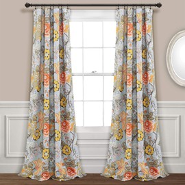 Lush Decor Light Gray and Green Sydney Curtains | Floral Garden Room Darkening Window Set for Living, Dining, Bedroom Long x 52” Wide, 84" L Panel Pair, Gray & Green