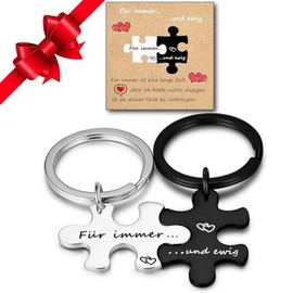 Jbniuay Couple Gifts Key Ring Partner Gifts 2 Pieces – Puzzle Key Rings Puzzle Key Ring with Engraving – "Forever and Ever" – Keyring, Stainless steel colour/black