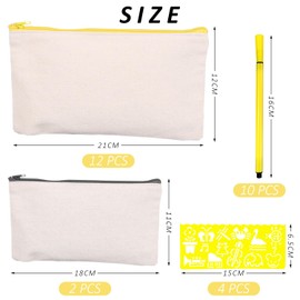 GVSAVY 15pcs Zipper Canvas Bag, 4pcs Rulers, 12pcs Paint Brushes, DIY Blank Cloth Bag, Children's Painting Bag, Birthday Party, Suitable for Storing Stationery
