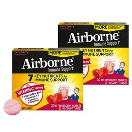 Airborne 1000mg Vitamin C with Vitamin D + Zinc Sugar Free Multivitamin Immune Support Effervescent Fizzy Drink Tablets, Very Berry Flavor with Powerful Antioxidants VIT A C & E, 30 Tablets (2 Pack)