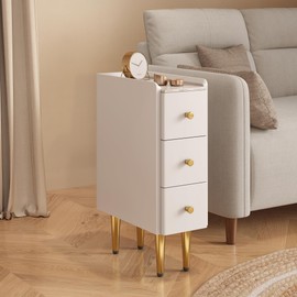 Narrow Nightstand 7.9" with 3 Drawer Wood Bedside Table Small White and Gold Night Stand Modern Minimalist End Table for Small Space, Bedroom, Vanity, Dorm
