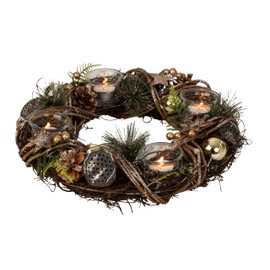 Christmas Advent Wreath Made of Multiple Materials Round with Gold/Brown Decoration for Tea Lights Diameter 33 cm