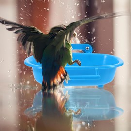 Plastic Parrot Bath Box, Bird Cage Accessory Bathing Tub Bath for Parakeet Pet Birds (Blue)
