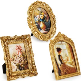 Qunclay 3 Pcs Vintage Resin Picture Frame 4 x 6,5 x 7 Inches Ornate Picture Frames Oval Rectangle Baroque Antique for Wall Hanging Home Wedding (Novel)