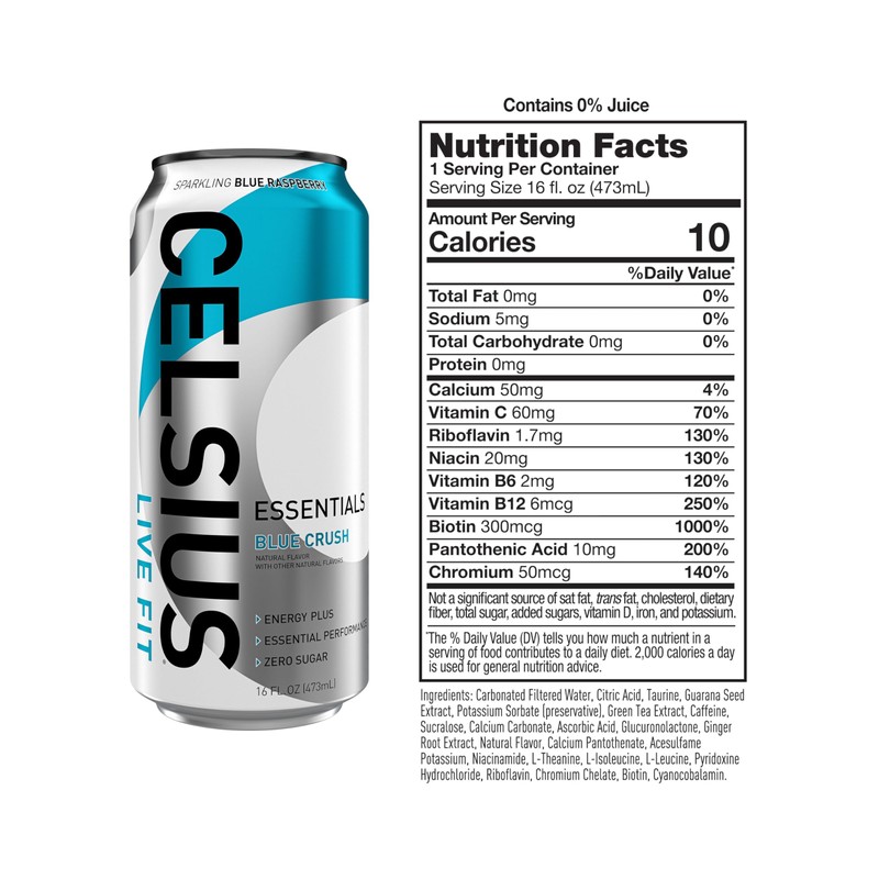CELSIUS ESSENTIALS™ Sparkling Blue Crush, Sugar Free Performance Energy Drink,
