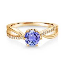 Gem Stone King 18K Yellow Gold Plated Silver Ring Round Tanzanite and Moissanite (0.98 Cttw) (Size 7)