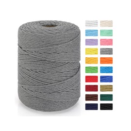 Macrame Cord 4mm x 328yd | 100% Natural Cotton Macrame Rope | 4 Strand Twisted Cotton Cord for DIY Crafts Knitting Plant Hangers Wedding Decor, Gray