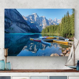 Renditions Gallery Nature Home Decor for Home Banff Canoe Docked along side Mountain Lake Canvas Hanging Artwork for Bedroom Living Room Office Wall - 18"X27" LT08