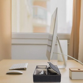 Baoyun Mens Valet Tray Organizer: Leather Valet Box EDC Catch all tray with 5 Compartments for Wallet Key Phone Dresser Top Nightstand Organizer