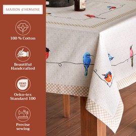 Maison d'Hermine Tablecloth, 100% Cotton, 160 cm x 220 cm, Decorative Tablecloth, Washable, Square Tablecloths for Mother's Day Gifts, Dining, Weddings, Birdies On Wire - Spring/Summer