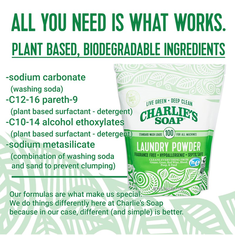 Charlie’s Soap Laundry Powder (100 Loads, 3 Pack) Hypoallergenic Deep