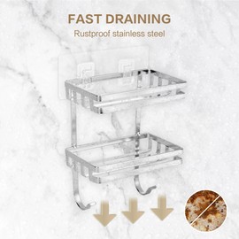 Soap Holder, Soap Dish for Shower with Hooks, Wall Mounted Bar Soap Sponge Razor Holder, Soap Container Rustproof Stainless Steel Soap Tray for Bathroom, Kitchen Sink, Bathtub, Drill-Free (2 Pack)