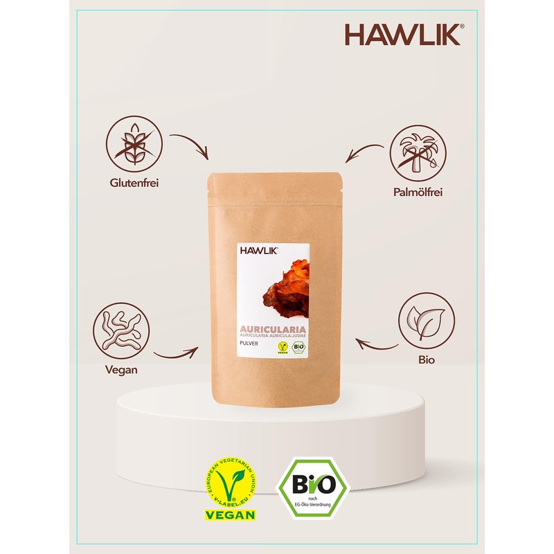 HAWLIK Vital Mushrooms Auricularia Powder, 100 g in Stand-Up Bag,