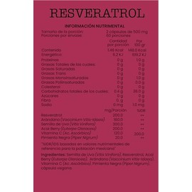 Resveratrol Suplemento Alimenticio Acai Berry Semilla de Uva Arandano Ingredientes Naturales Vegano 120 Capsulas 500mg