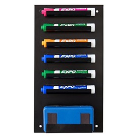 6-Slot Wall Mounted Metal Dry Erase Marker and Eraser Holder, Vertical Storage System, Black