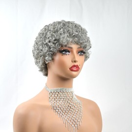 SisBroSis Elegant Short Pixie Cut Curly Human Hair Wig for Women - 51# & 60# Black/Brown Mix Salt and Pepper Gray Mix White Short Afro Curly Wigs for Old Lady Glueless Full Machine Made (51#)