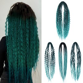 Sangtok Double Ended 3 in 1 Dreadlock Extensions, 24 inch 15pcs Ombre Teal Green Mixed Dreads Extensions Set DE Dreads with Curly Dreadlocks for White Women