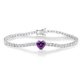 Amethyst Color Heart-Shaped February Purple Birthstone Cubic Zirconias 4.0mm Tennis Bracelet | White Gold Bracelets for Women Birthday Jewelry Gift| Size 7.5 inches
