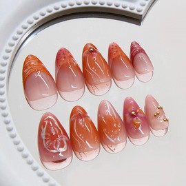 24Pcs Red Flower Press on Nails Medium Almond French Tip Fake Nails with 3D Gilding Rhinestones Design Spring Summer False Nails Full Cover Artificial Glue on Nails Handmade Stick on Nails for Women