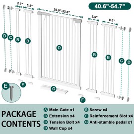 Fairy Baby 40.5" Extra Tall Baby Gate for Stairs, 40.6"-54.7" Extra Wide Dog Pet Gate Indoor Outdoor, Pressure Mounted Walk Thru Swing Metal Safety Child Gate, Cat Puppy Gate for House Doorways, White
