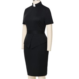 BLESSUME Church Women Clergy Tab Collar Dress Black Mass Bodycon Pencil Dress Short Sleeve