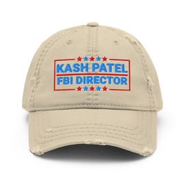 President Trump MAGA Supporter Embroidered Distressed Dad Hat, Kash Patel FBI Director Khaki