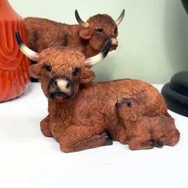 Darthome Lying Highland Cow With Baby Figurine Brown Resin Scottish Animal Coo Ornament